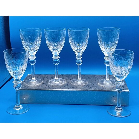 Rogaska Gallia Set Of 6 Floral Etched Cut Lead Crystal Wine Glasses 7" Tall - Picture 3 of 14
